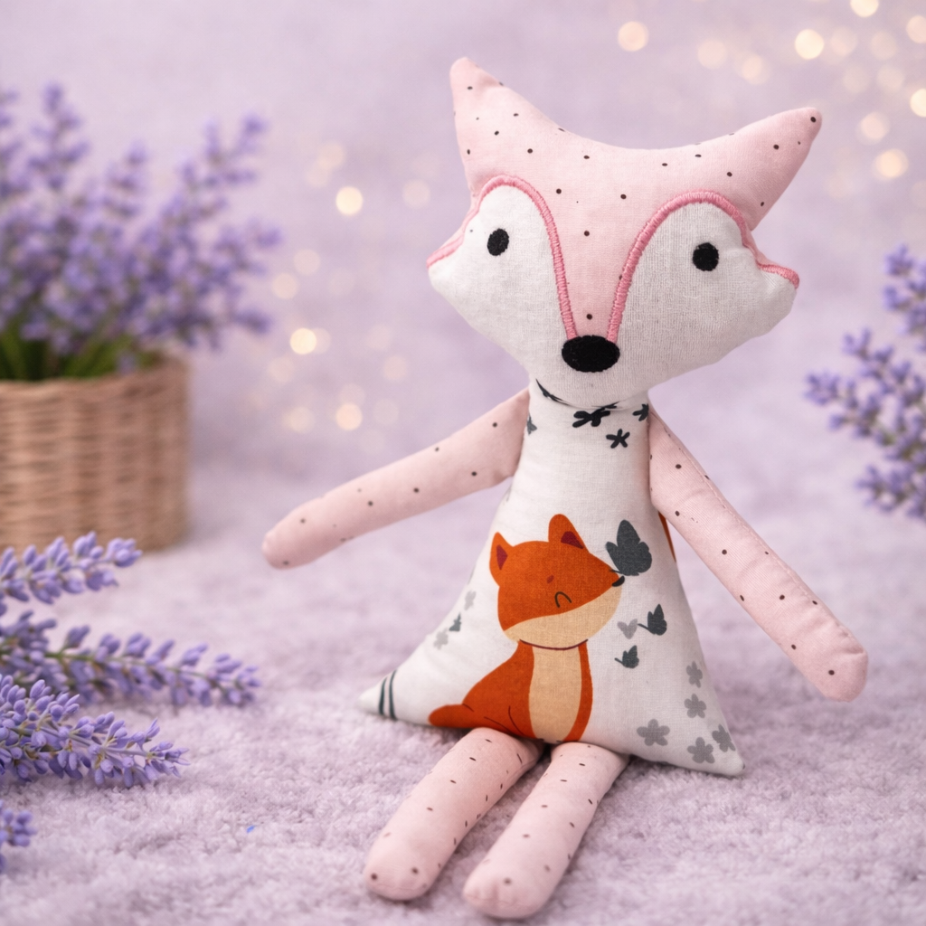 Jucărie Umpluta cu lavandă naturala pentru copii – Vulpita Roz handmade pentru somn liniștit, 33x8 cm