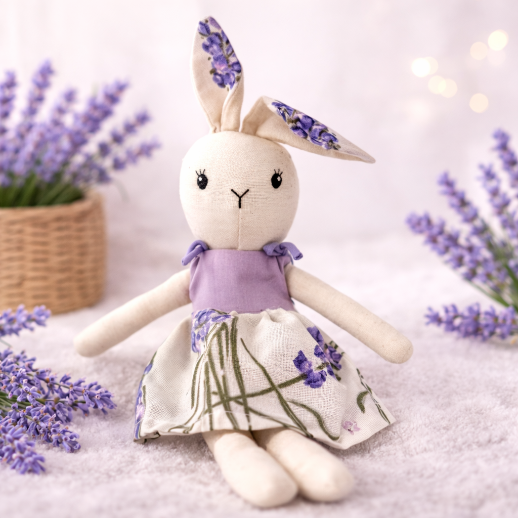 Jucărie Umpluta cu lavandă naturala pentru copii – Iepuras cu Fustita handmade pentru somn liniștit, 33x8 cm