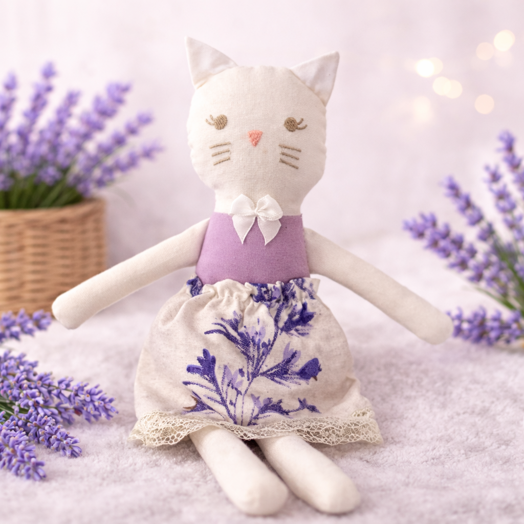 Jucărie Umpluta cu lavandă naturala pentru copii – Pisicuță Fetita handmade pentru somn liniștit, 33x8 cm