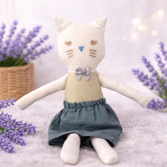 Jucărie Umpluta cu lavandă naturala pentru copii – Pisicuta Retro handmade pentru somn liniștit, 33x8 cm